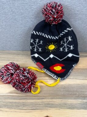 Aksels Knit Hat Colorado Flag "C" Design Ear Flaps Puff Ball Knit Ties Winter